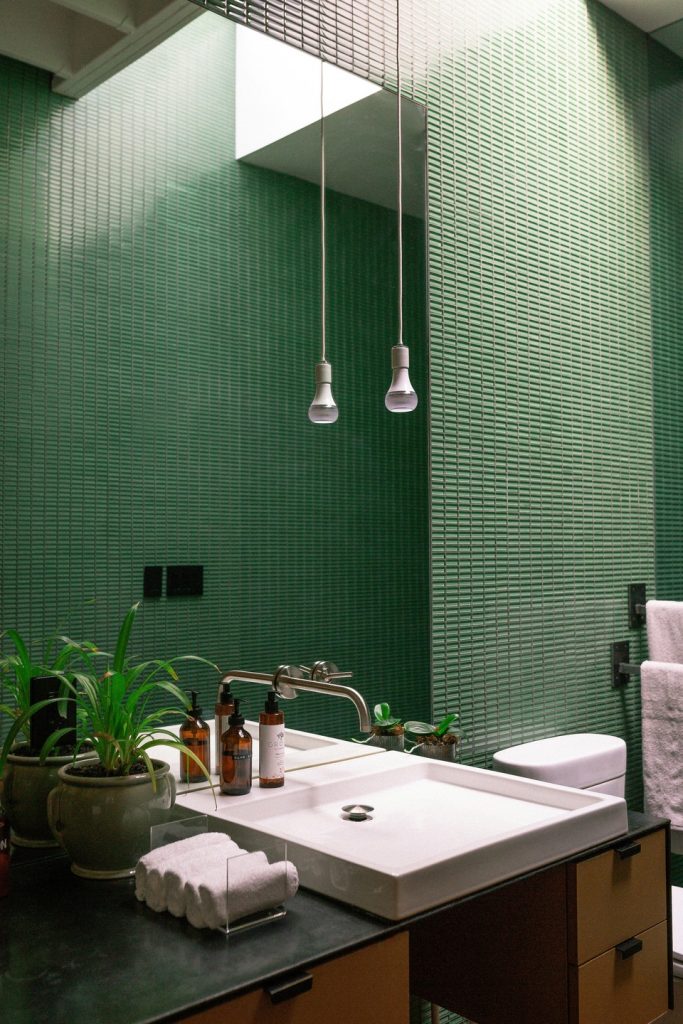 chetoi rénovation toulouse salle de bain élégante avec carrelage vert sur tous les murs de la pièce, plantes et bois en petite touche.