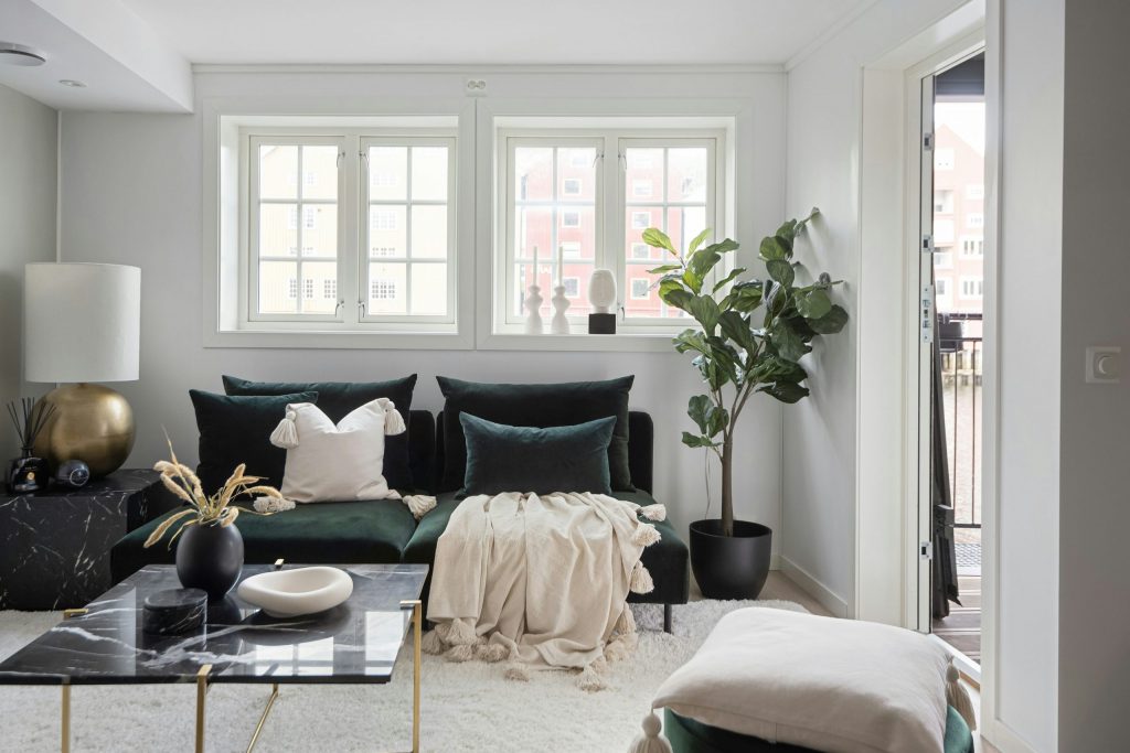 Décoration intérieure moderne et élégante dans un salon lumineux après rénovation, avec un tapis blanc, des plantes, un canapé et des fenêtres derrière le salon.