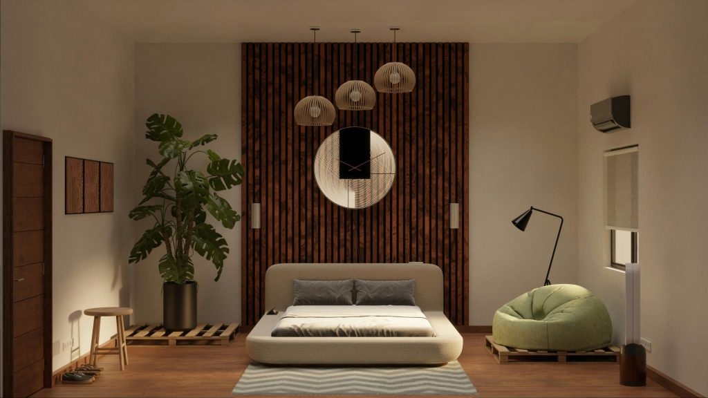 Chambre moderne avec bois et éléments naturels, style Japandi chaleureux et épuré.